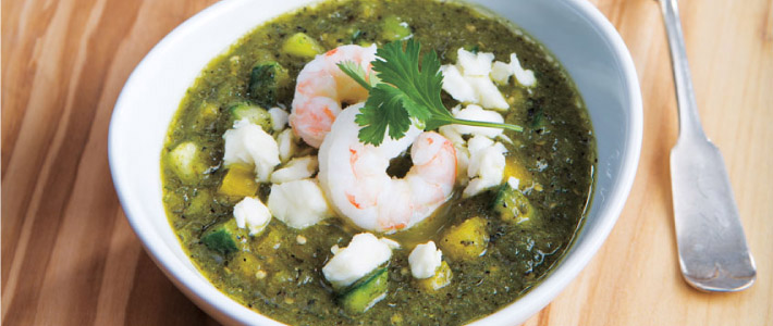 Grilled Tomatillo Gazpacho with Queso Fresco