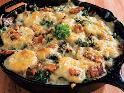 Skillet Potatoes with Swiss Chard & Bacon