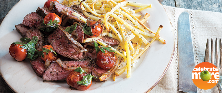 One-Pan Sirloin Steak with Zesty Parsnip Fries and Burst Tomato Topping