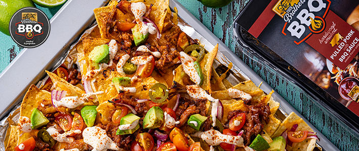 Four Brothers Grilled Pulled Pork Nachos with Smoky Crema