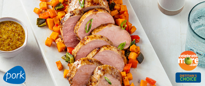 Garlic Dijon Pork Tenderloin with Sweet Potato Pepper Jumble