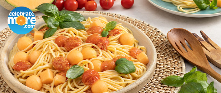 Spaghetti with Cantaloupe and Cherry Tomatoes
